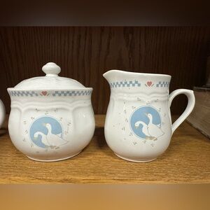 Charming White and Blue Goose Sugar and Creamer Set